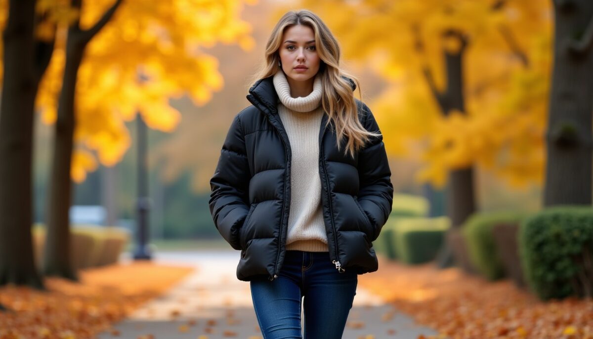 Style automnal élégant : comment marier doudoune, jean, bottines et maille avec finesse